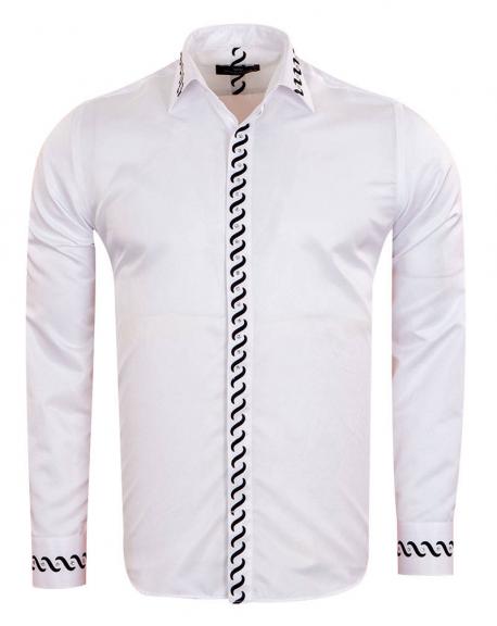 SL 6901 Мужская белая рубашка с камушками и черными орнаментами