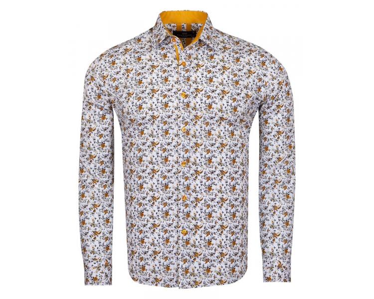 SL 6954 Белая рубашка с цветочным желтым узором Мужские рубашки