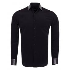 SL 6983 Черная люксовая рубашка с кожаными вставками Мужские рубашки