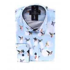 SL 7223 Светло-синяя рубашка с принтом птиц Мужские рубашки